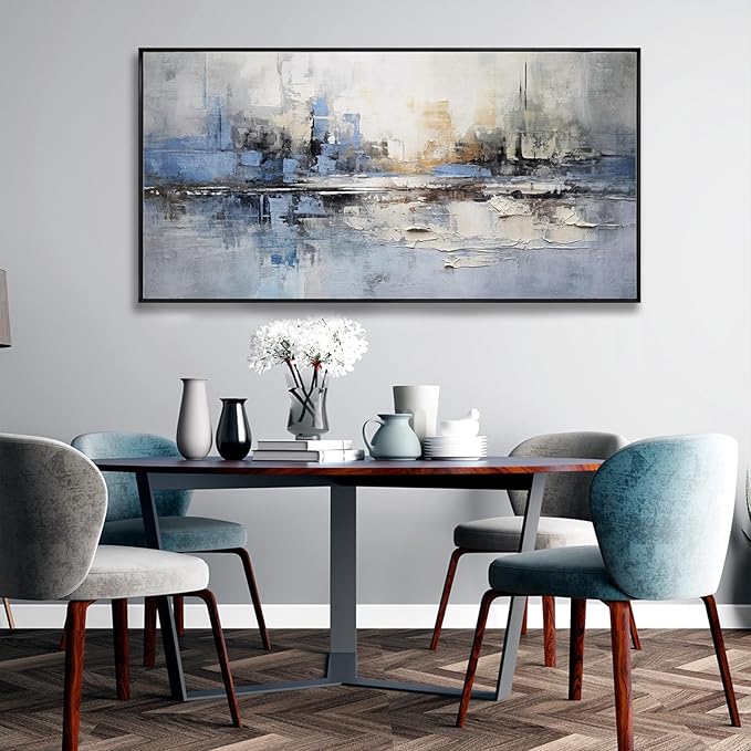 Abstract wall Art Framed Artwork Blue and Gray White Decor Modern Canvas Wall