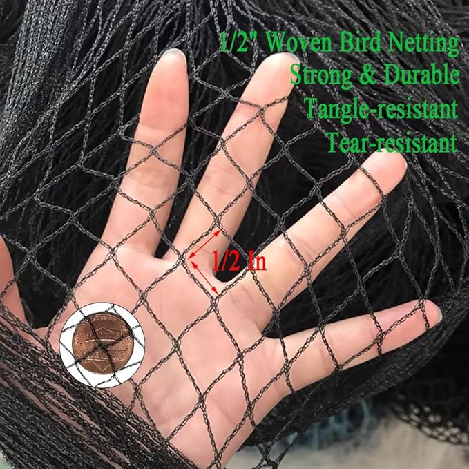 Bird Netting 15X40 FT, 1/2" Mesh, Strong Woven Garden Netting for Plants, Fruit Trees, Blueberry Bushes, Vegetables, Strawberry Protection, Against Bird, Deer, Squirres, Poultry, Small Animals