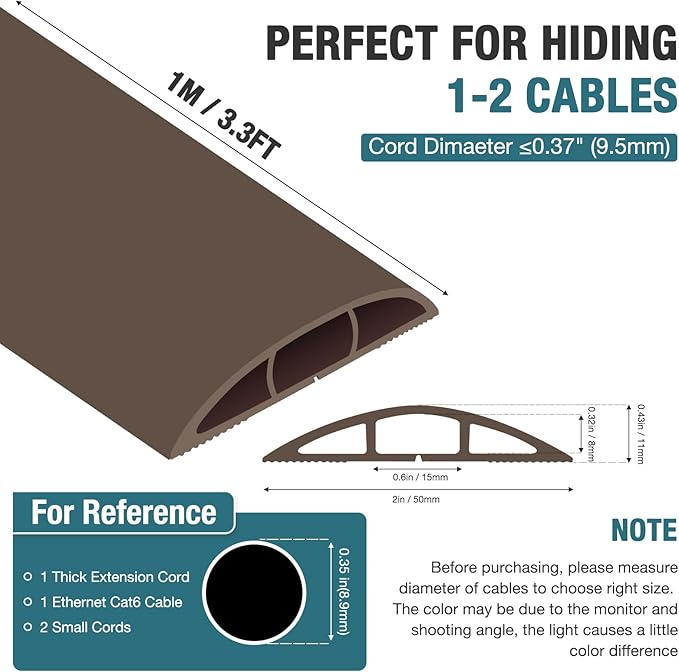 Floor Cord Cover, Cable Protector, 0.63W x 0.31H inches, Wire Cover for Extension Cords, Floor Cable Covers Prevent Cable Trips (Brown, 50-3 Feet)