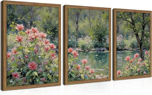 Framed Monet Wall Art Set of 3, Impressionist Botanical Floral Canvas Wall Decor
