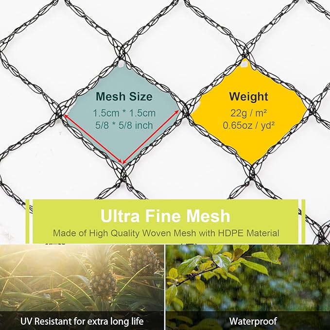 Bird Netting for Garden, 49 x 49FT Heavy Duty Anti Bird Netting Mesh with Ties and Landscape Staples for Vegetable, Fruit Trees & Other Plants, Lasting Against Birds Squirrels and Poultry, Black