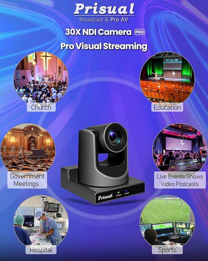Prisual NDI PTZ Camera Gen 5, 30X Optical Zoom, AI Auto Tracking, 3G-SDI USB LAN PoE HDMI PTZ Camera for Church Broadcast Education Events (Official NDI 6 & NDI HX3 Certified) TEM-30N PRO