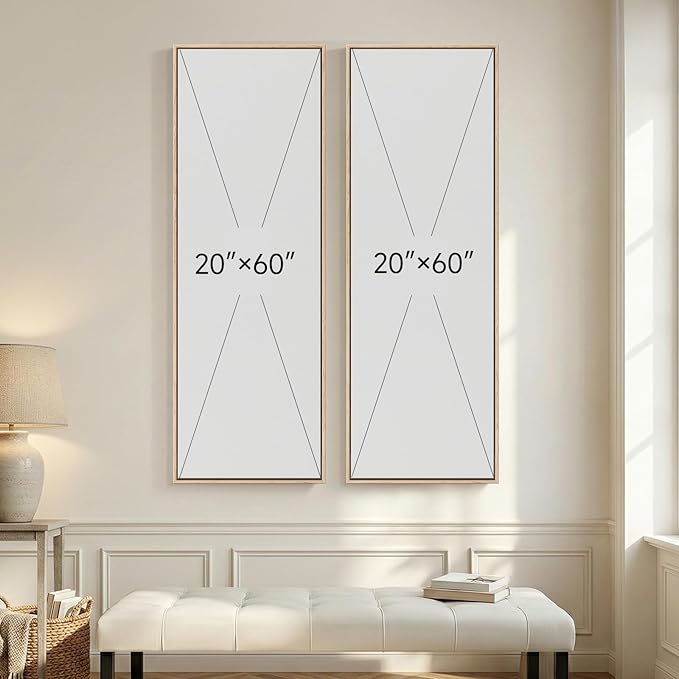 Long Narrow Framed Neutral Abstract Vertical Wall Art, 2 Piece Modern Canvas