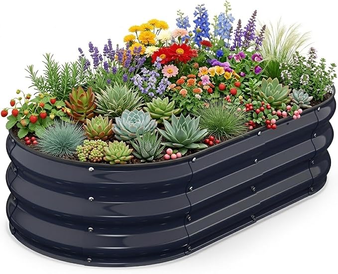 Raised Garden Bed 4Ã2Ã1 FT, Galvanized Metal Raised Planter Box Decorative Vegetable & Flower Planting Container for Patio Entryway Poolside Outdoor Landscaping Midnight Blue