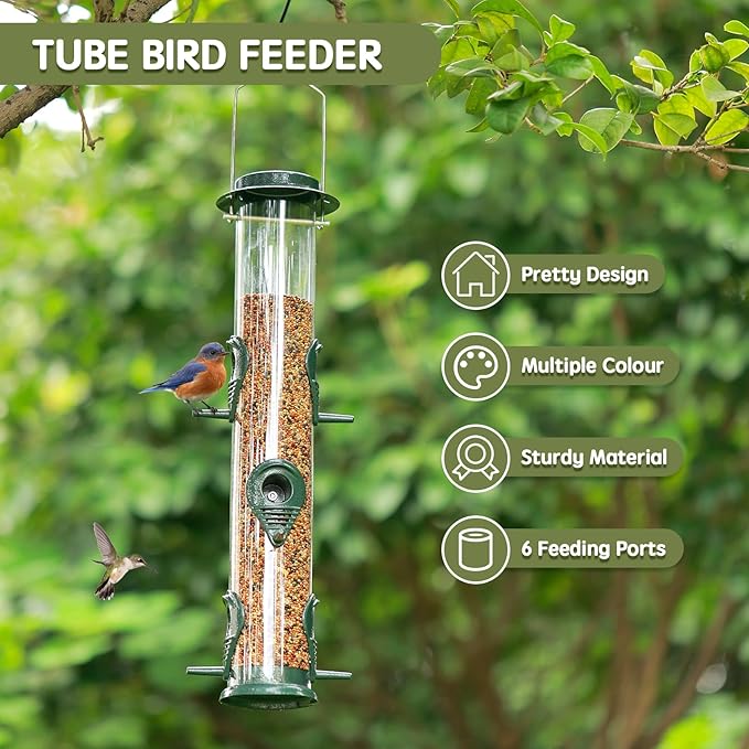 MIXXIDEA 1PK Metal Wild Bird Feeder,Squirrel Proof Bird Feeders for Outside,Hanging 6 Port Tube Bird Feeder Transparent Finch Bird Feeder for Attracting Birds in Your Lawn, Garden, Balcony-Green