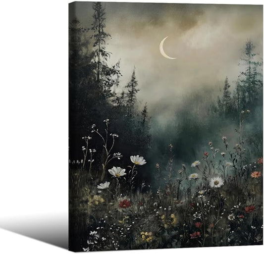 Dark Flower Field Poster Vintage Moody Academia Wall Art 08x10 inch Framed