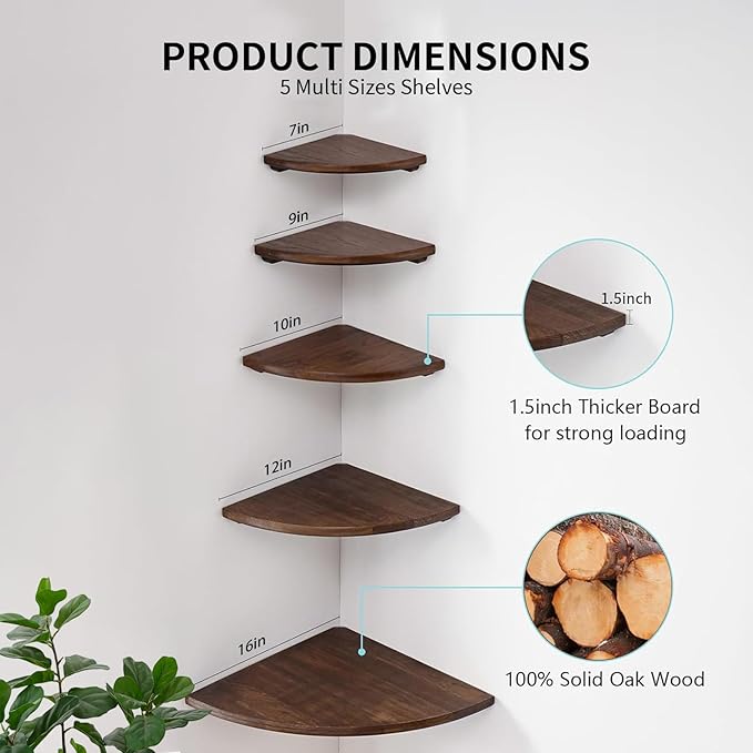 Gieanoo Corner Wall Shelf, 9inch Solid Oak Wood Floating Corner Shelf