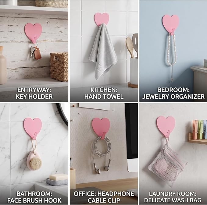 Heart Wall Hooks, 8 Pack, Small Pink Decorative Accessories, Purse Hanger