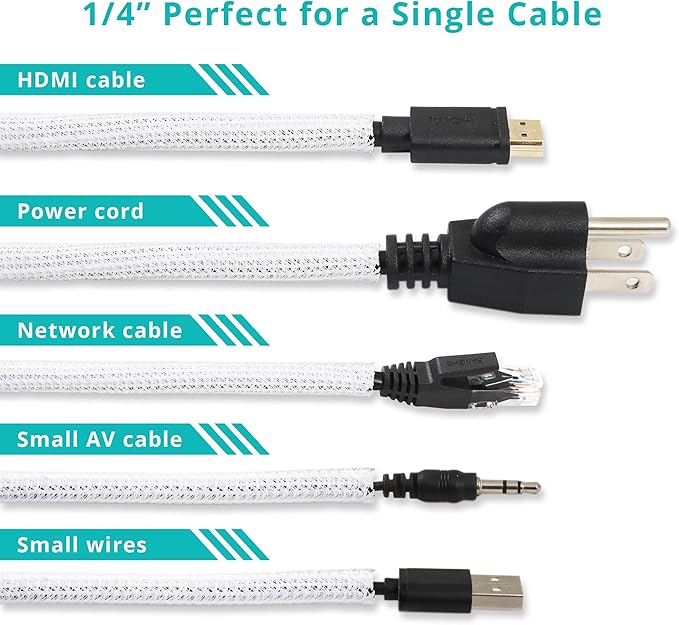 20ft - 1/4 inch White Cable Sleeve, Cable Organizer for Desk PC TV Computer, Wire Protector Cable Wrap Cover, Cord Management for Home Office