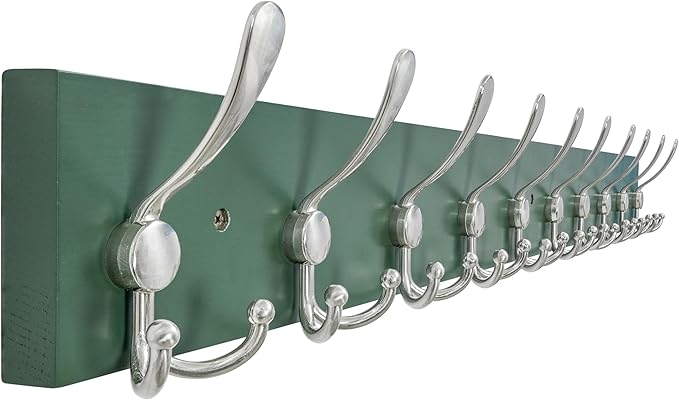 SKOLOO Creations Forest Green Solid Wood Wall Mounted Coat Rack, 10 Hooks