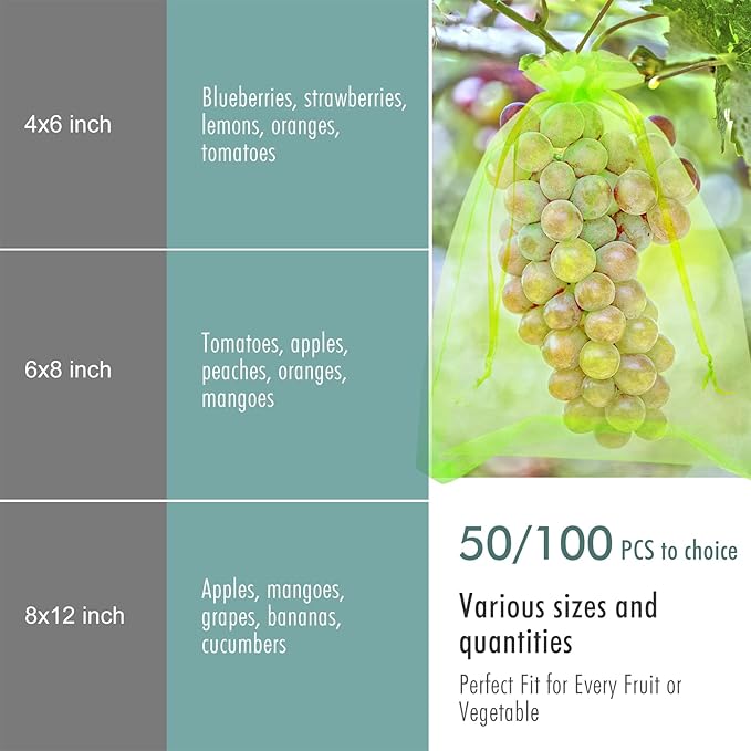 Fruit Protection Bags, Fetanten 50 PCS 6 x 8 Inch Mesh Drawstring Bag for Fruit Trees, Small Green Garden Fruit Plant Netting Cover Bag Protect Blueberry Tomato Apple Mango from Bird Insect Pest