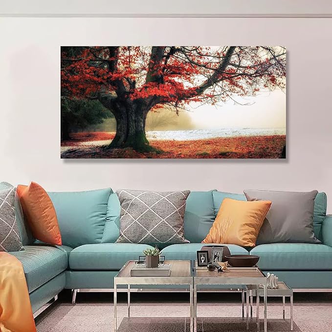 Stunning Nature Landscape Wall Art - 20x40 inches Canvas Artwork of Sunrise Forest Scenery with Red Leaves. Perfect Wall Decoration for Living Room, Bedroom and More