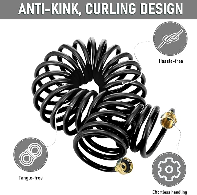 Pangda 75 Ft x 3/8'' Coil Garden Hose EVA Recoil Garden Self Coiling Expanding Water Hose with 6 Function Spray Nozzle Universal 3/4'' Brass Connector Fitting for Outdoor Yard(Black)