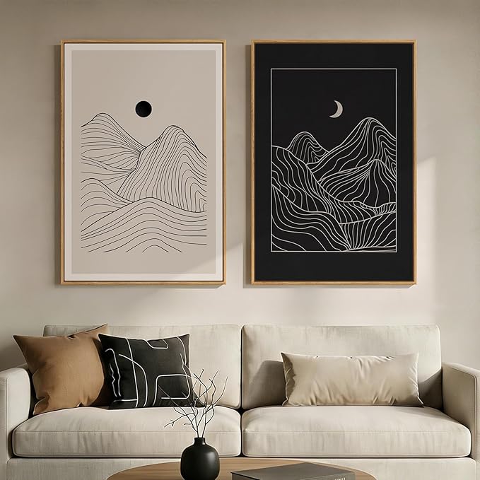 Large Framed Black and Beige Neutral Abstract Wall Art