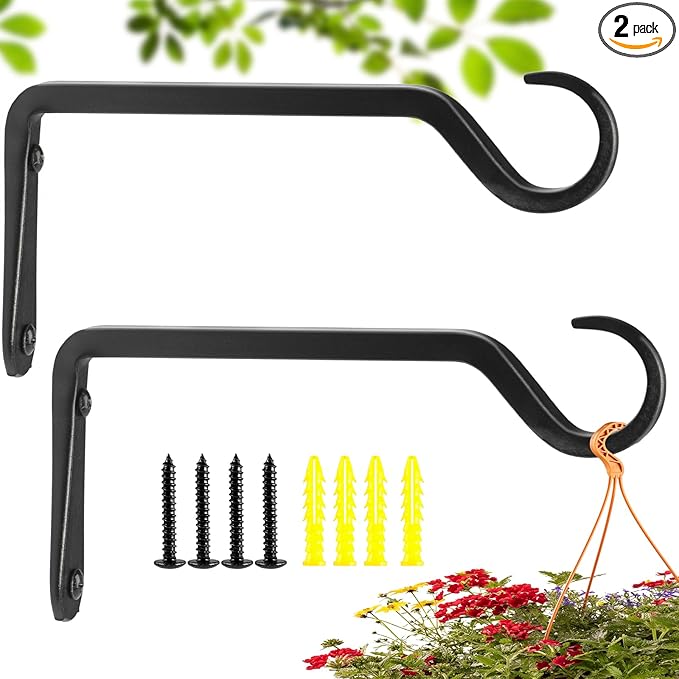 8 inch Plant Hanger, Sturdy Hanging Plant Bracket Outdoor, Hanging Plant Wall Hook Heavy Duty, for Hanging Bird Feeders, Planters, Lanterns, Wind Chimes, Indoor/Outdoor Use, Black, Set of 2