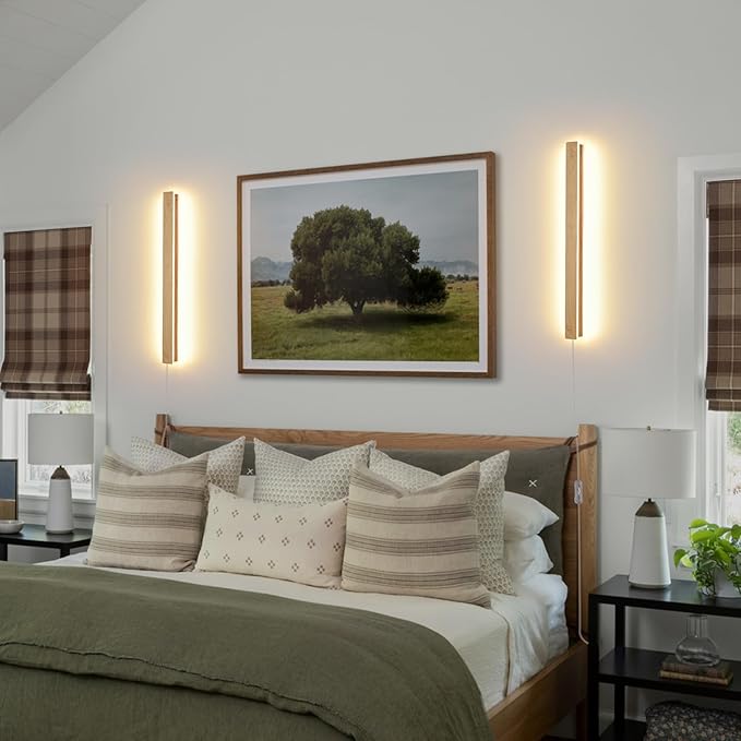 Modern Plug in Wall Sconces, 23.6 inch Faux Wood Texture Finish LED Long Wall
