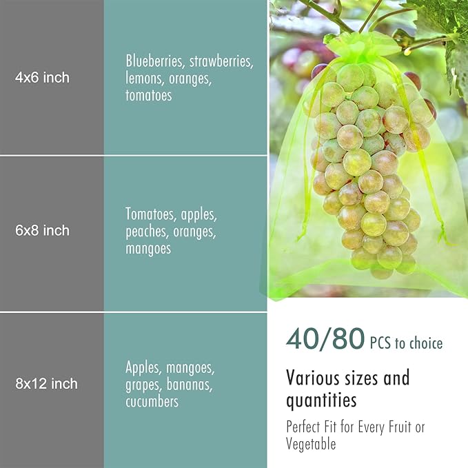 Fruit Protection Bags, Fetanten 80 PCS 8 x 12 Inch Mesh Drawstring Bag for Fruit Trees, Small Green Garden Fruit Plant Netting Cover Bag Protect Tomato Apple Mango Grape from Bird Insect Pest