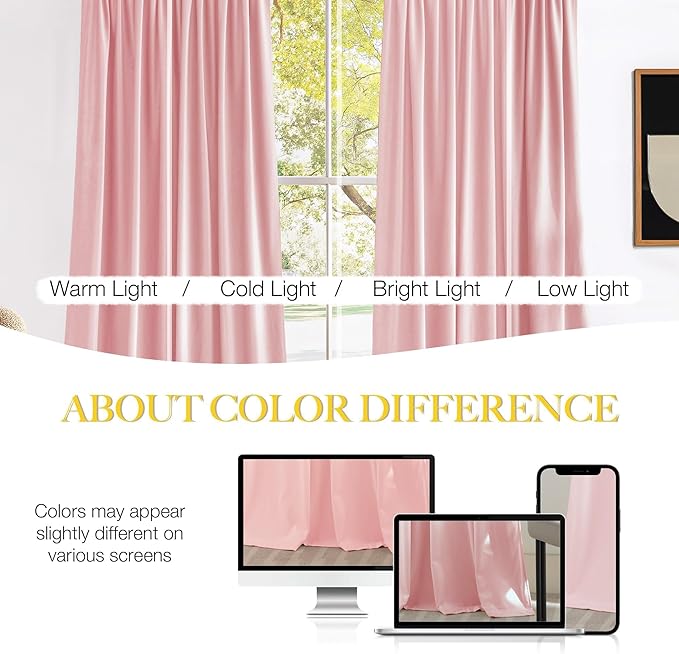 NICETOWN Baby Pink Velvet Curtains 96 inch Length, Room Darkening Thermal