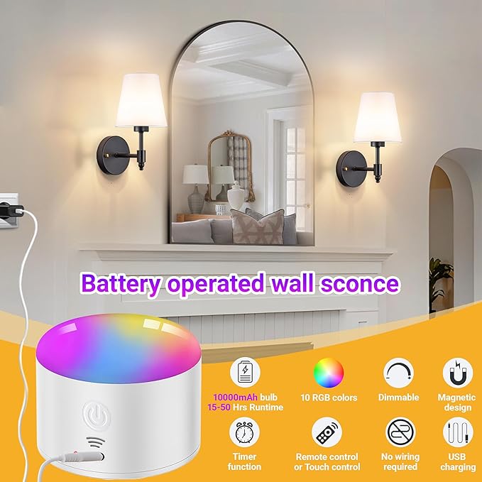 YHCDLAMP Battery Operated Wall Sconces Set of Two, Rechargeable Wireless Wall