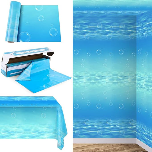 Kochorie 54 Inch x 200 Ft Ocean Waves Plastic Tablecloth Roll in Slide Cutter