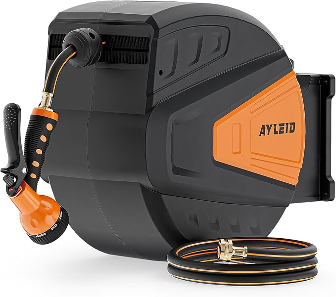 Ayleid Retractable Garden Hose Reel,5/8 in x 100 FT Wall Mounted Hose Reel, with 9- Function Sprayer Nozzle, Any Length Lock/Slow Return System/Wall Mounted/180Â°Swivel Bracket (Black)