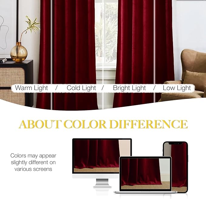 NICETOWN 90 inch Long Red Velvet Textured Thermal Curtains Draperies