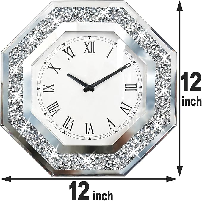 Wall Clock, Octagon Mirror Glass Clock, Cute Diamond 12-inch Non-Ticking Clock