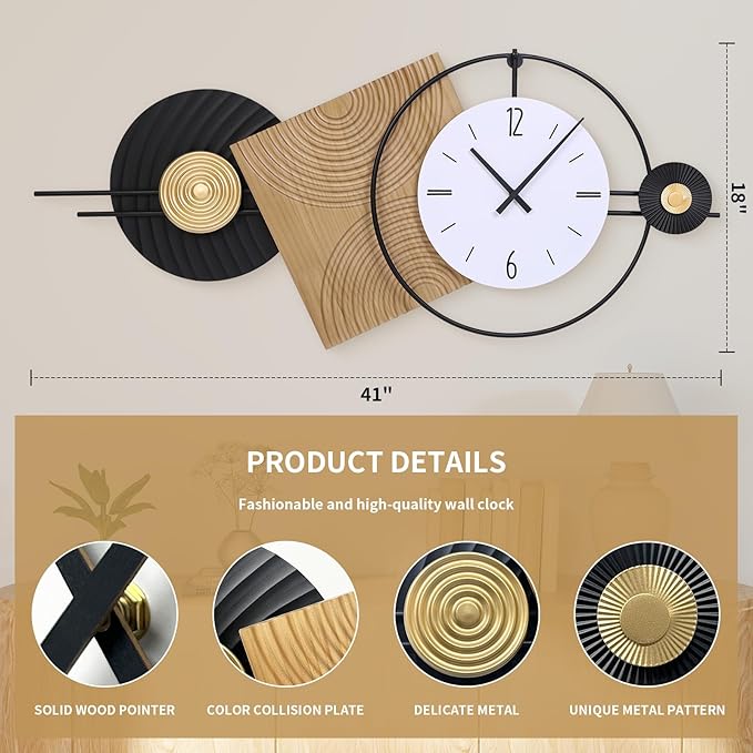 37.7X21Inch Large Modern Wall Clock Geometric Dial-Solid Wood Metal Frame