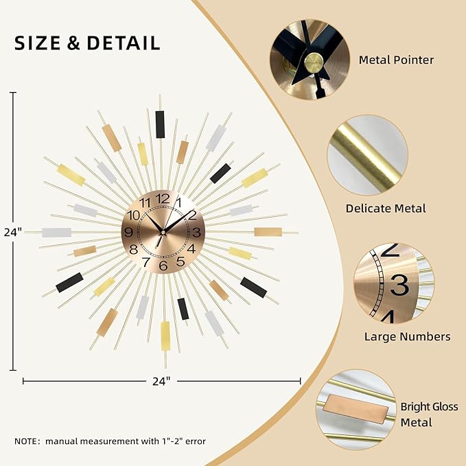 23.6 inch Gold Starburst Wall Clock, Non-Ticking Large Modern Sunburst