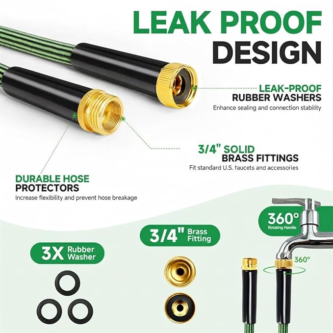 Garden Hose 50FT Non-Expandable Water Hose Flexible Kink-Free Lightweight Leak-Proof Sturdy Outdoor Hose Water Pipe for Garden Yard Lawn Camper 3/4 Inch Fittings