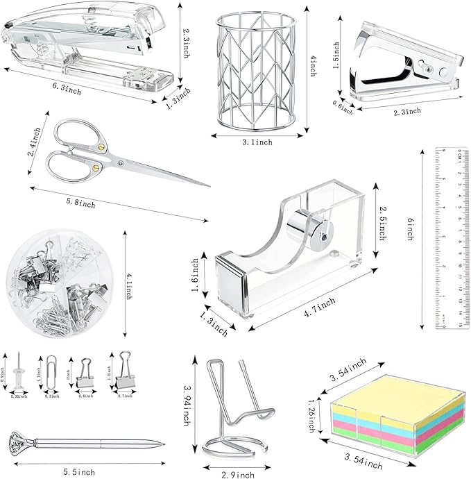 Office Desk Accessories, Acrylic Stapler, Staple Remover, Tape Holder, Pen Holder, Ballpoint Pen, Scissor, Binder Clips, 1000pcs Staples, Phone Holder, Ruler, Transparent Glue and 300 Notes