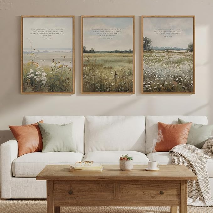 Framed Christian Wall Art Set of 3, Large Wildflower Bible Verse Canvas Prints