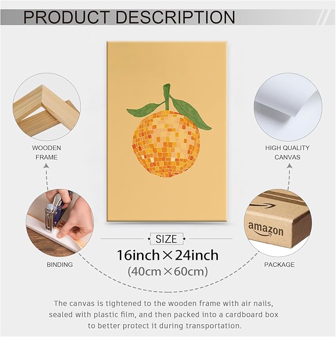 Retro Funky Orange Canvas Wall Art Fashion Disco Ball Aesthetic Posters 16X24