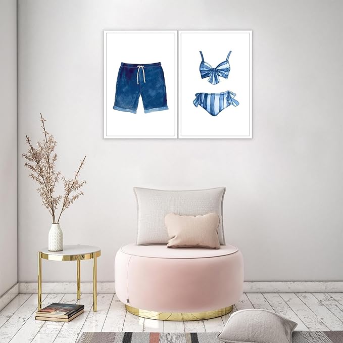 Liyark Set of 2 Retro Navy Blue And White Swimsuit Art Posters Beach Bathing