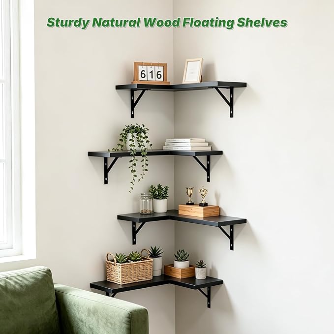 NATURE'S SOURCE Corner Floating Shelves Set of 4, Corner Shelves Wall Mounted