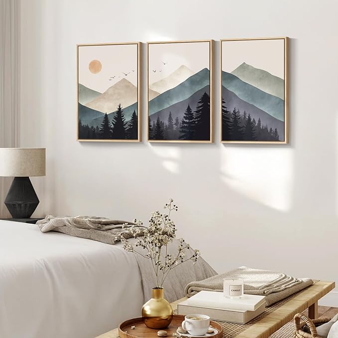 Cuspin Boho Framed Mountain Forest Landscape Wall Art, 3 Piece Bohemian Canvas Prints, Modern Nature Wall Art for Living Room, 3 Count, 16x24 Inch