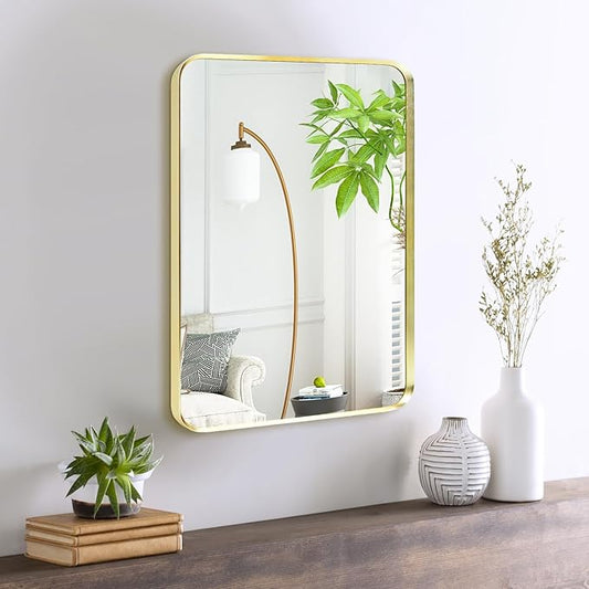 Wall Mount Mirror for Bathroom, Brushed Gold Metal Framed Rounded Corner