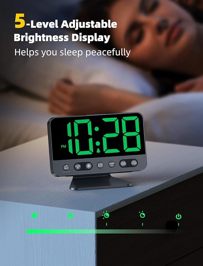 Odokee Digital Alarm Clocks for Bedrooms: Large Bold Number 5 Brightness Dimmer
