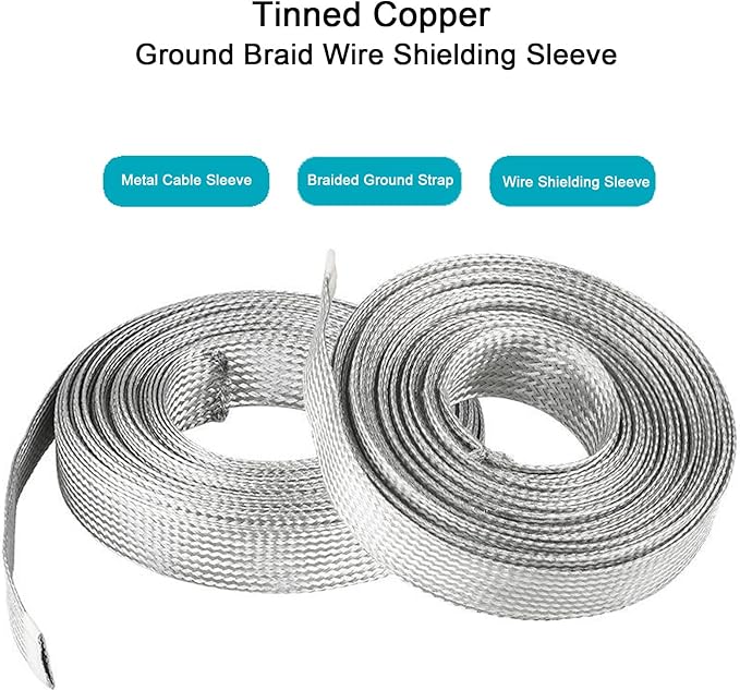 Tinned Copper Braided Cable Shielding Sleeve Metal Wire Loom Sheathing EMI RFI ESD Protector Grounding Mesh Flat Tubular Expandable 3/8" W(0.24" ID)-16FT