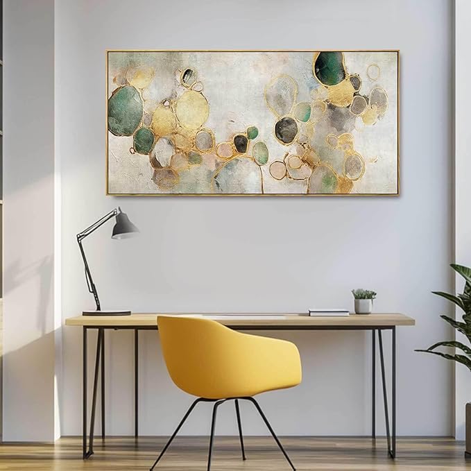 Gold Circle Modern Artwork Framed Abstract Wall Art Green Canvas Decor 24"x48"