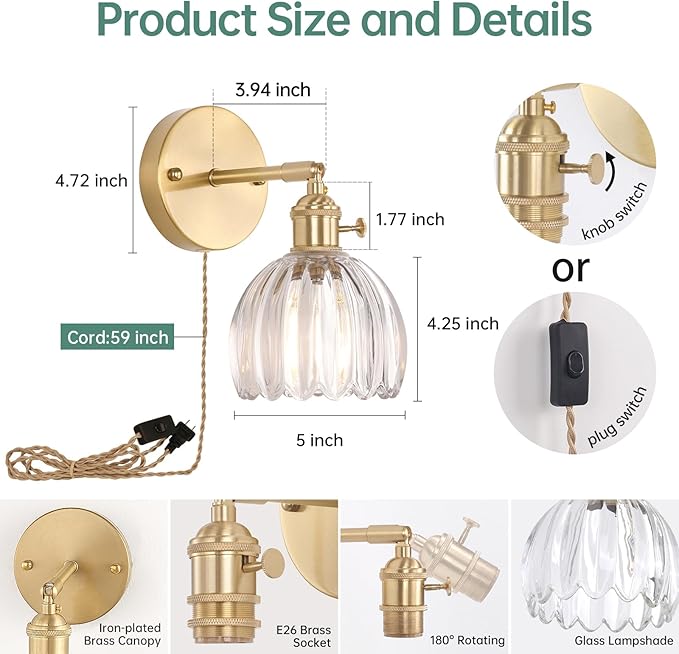 Shenmoyl Plug in Wall Sconce, Transparent Tulip Glass Lampshade Wall Light
