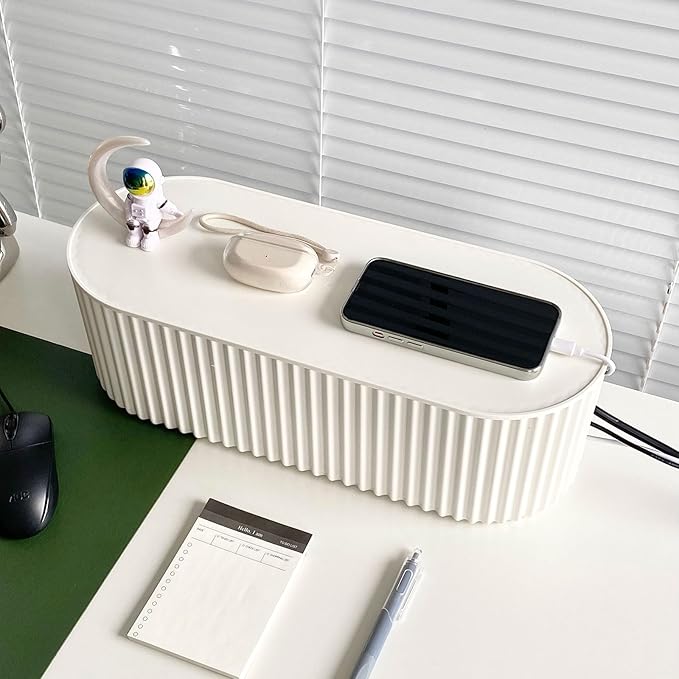 White Cable Management Box, Plastic Cable Box Organizer with Lid for Wire, Power Strip, Surge Protector, Extension Cords Hider Cover Under Home Office Desk and Floor (Large)