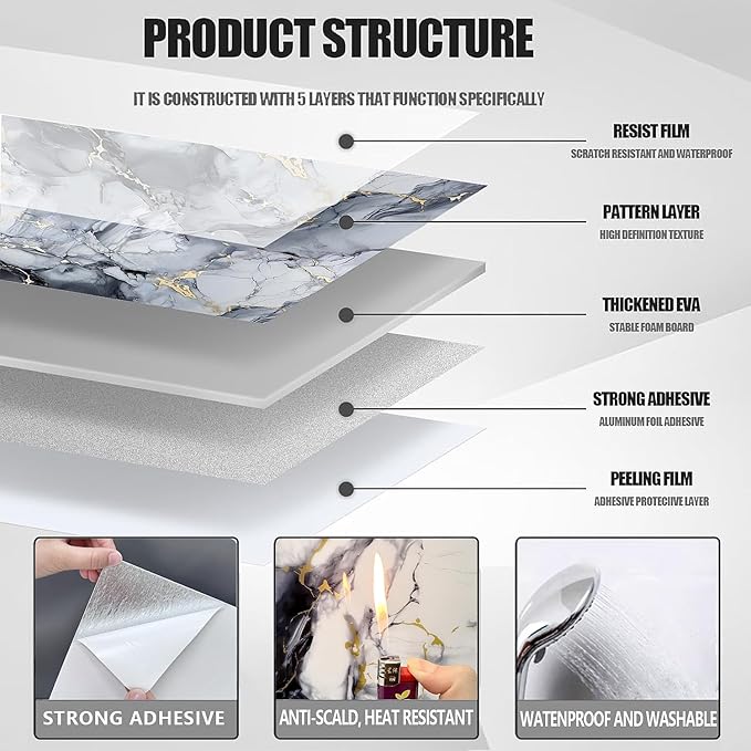 10pcs Peel and Stick Tile Shower Waterproof Marble Tiles Wall Panels,