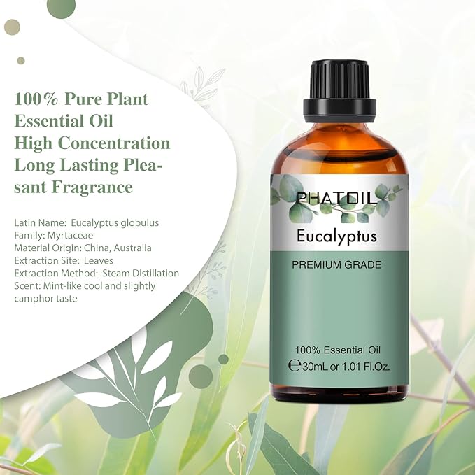 PHATOIL Eucalyptus Essential Oil 30ML, Pure Eucalyptus Essential Oils for Diffuser, Humidifier, Aromatherapy, Perfect for DIY Soap, Candle, Bath Bombs Making