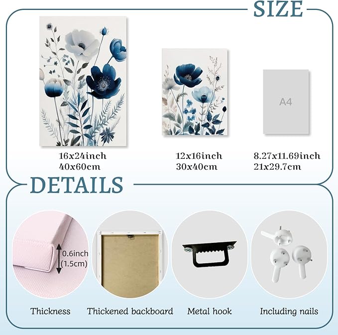 LLEEMPI Framed Navy Blue Floral Wall Art Set of 3, Modern Wildflower Wall Decor