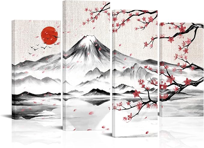 LyerArtork 4 Panel Japanese Ink Painting Wall Art Mount Fuji
