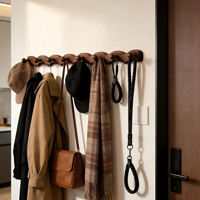 Wood Coat Rack Wall Mount -8 Pack Walnut Coat Hooks