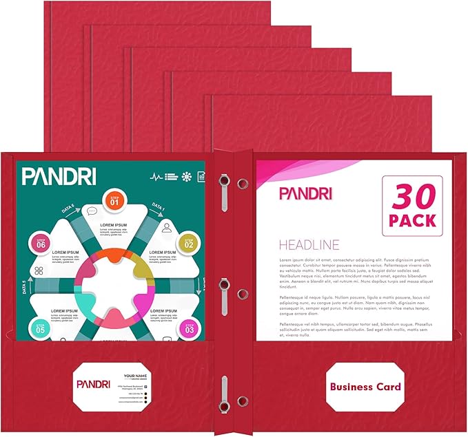 Two Pocket Folders, PANDRI 30 Pack Two Pocket Folders with Prongs, 3 Prong Folders Designed for Office and Classroom, Letter Size Red