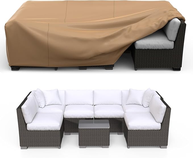 Patio Furniture Set Cover Waterproof, Heavy Duty Furniture Covers for Outdoor Sectional Sofa Set Wicker Rattan Table Chair Rectangular,124"L×71"W×29"H,Brown