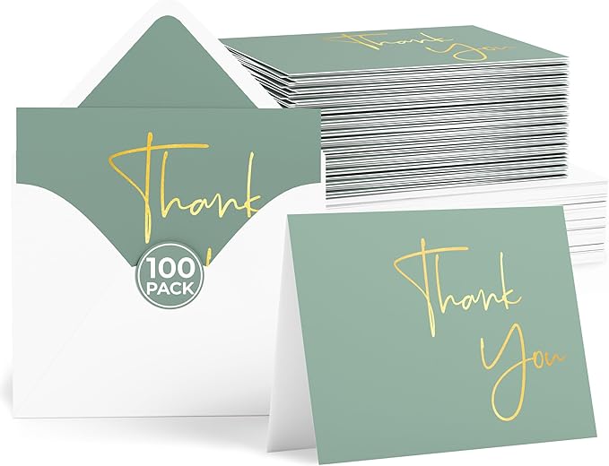 VNS Creations Gold Foil Thank You Cards With Envelopes Bulk Set & Stickers - 100 Pack 4x6 Blank Thank You Notes - Large Note Card Small Business, Wedding, Baby Shower & Bridal Shower - Granite Green